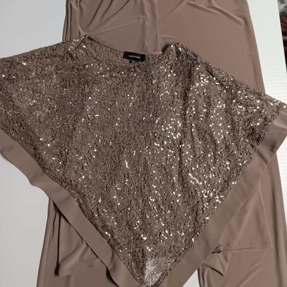 SET R&M RICHARD'S WOMEN'S MOCHA LACE PONCHO TOP SEQUIN CAPE SHIRT SIZE 16 - Picture 1 of 7